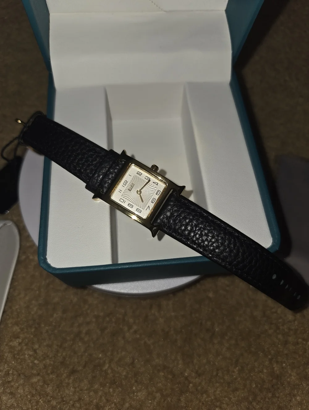 Bibi Luxury Square Gold Womens Watch Sunburst Face Brown Pebble Leather Strap